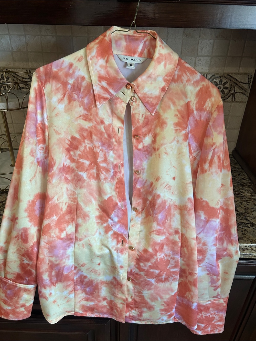 St. John Coral and Cream Tie-Dye Button-Down Shirt